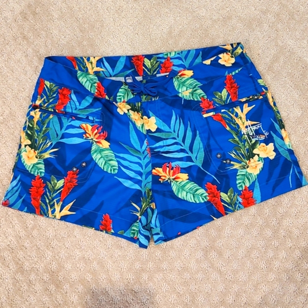 Guy Harvey Board Shorts Tropical Parrot Blue Red Floral Beach 4" Size 12 - Picture 6 of 6